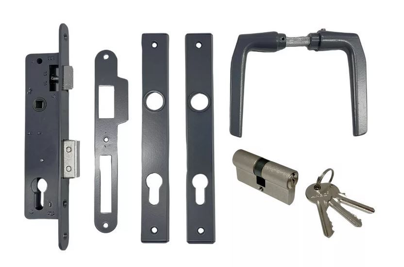 Portálzár garnitura, váltós, 4cm, zárbetét, kilincs, zárólemez, cím, antracit, ANBO